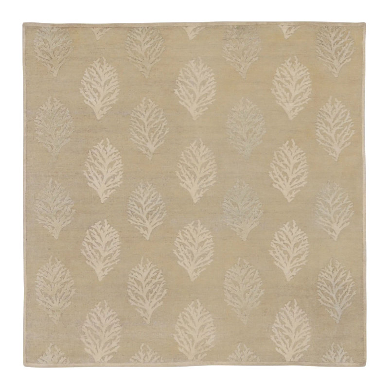 Rug & Kilim’S Square Block Print Rug With Beige And Gold Leaf Florals