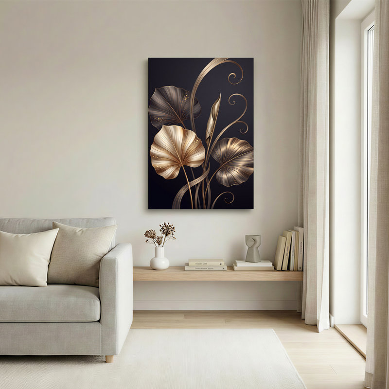 Feuilles métalliques dorées et bronze sur fond sombre, tableau sur toile, 24"H x 16"W