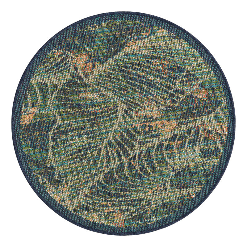 Tapis d'intérieur / extérieur en polypropylène tissé à la machine à motif floral bleu Torence, Rond 3 pi 3 po
