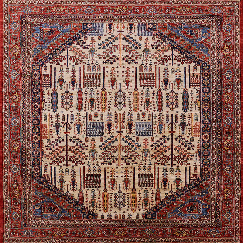 Tapis oriental rouge / gris / ivoire, Carré 6 pi