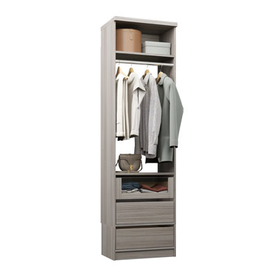 Grey Oak 18" Floor-Mounted Closet Section with 1 Clothing Rod, 1 Shelf & 3 Reveal Drawers