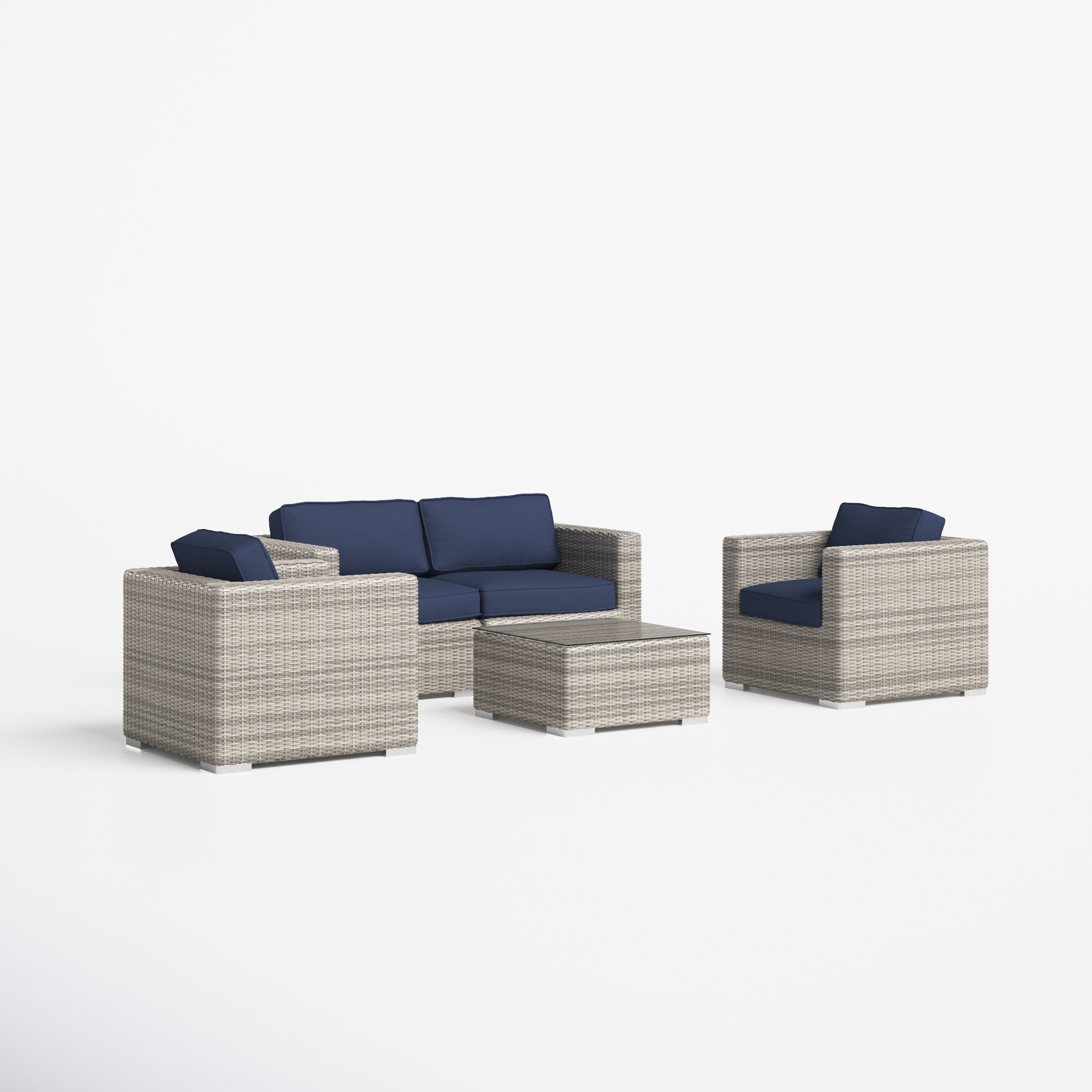 Estes Rattan Wicker Fully Assembled 4 - Person Seating Group with Cushions, Canvas Navy Sunbrella® Canvas