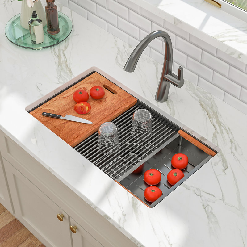 33'' L x 19'' W Undermount Workstation Stainless Steel Single Bowl Kitchen Sink with Cutting Board, Strainer, Sink Grid, Roll-up Rack and Colander