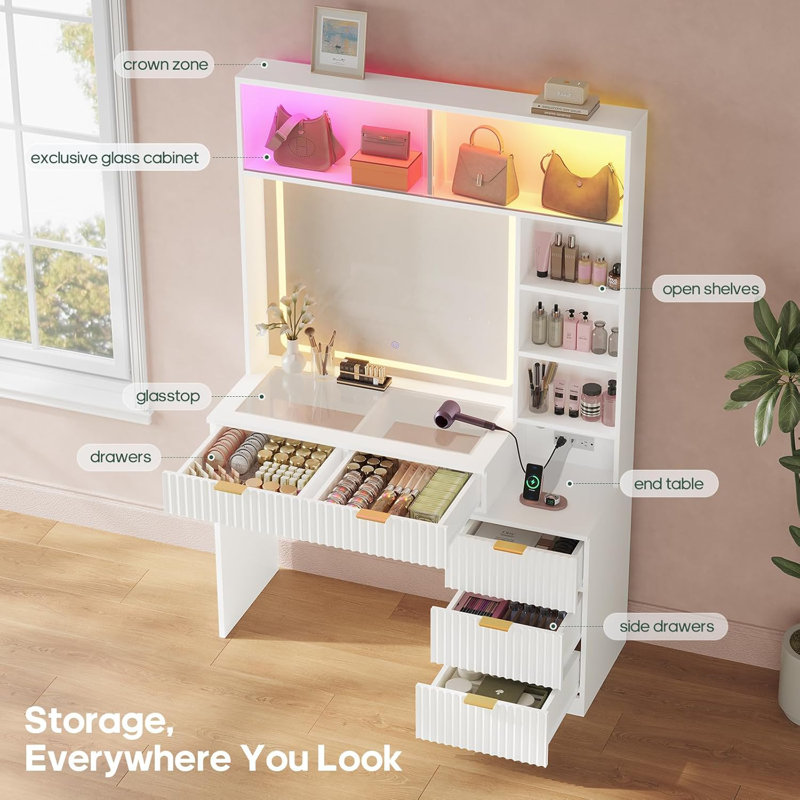 Fluted Vanity Desk With Mirror, Sync Music Led Lights, Power Outlet, Wooden Makeup Vanitys With Glass Cabinet, Glass Top, 4 Shelves, 5 Drawers Dressing Table For Bedroom Girls, Women