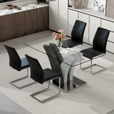 Ensemble de table de salle à manger de 63 po pour 4 personnes, comprenant un plateau en verre et des chaises en cuir. Cet ensemble de salle à manger en verre de 5 pièces convient aux maisons, aux restaurants et aux espaces de bureau.