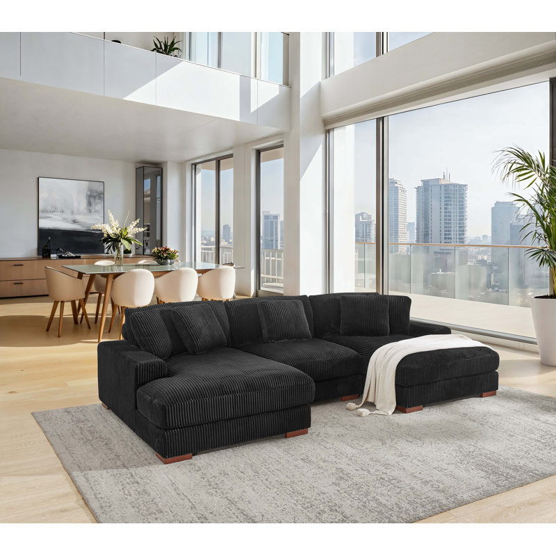 Canapé modulaire 3 pièces Cabbar, Velours côtelé noir