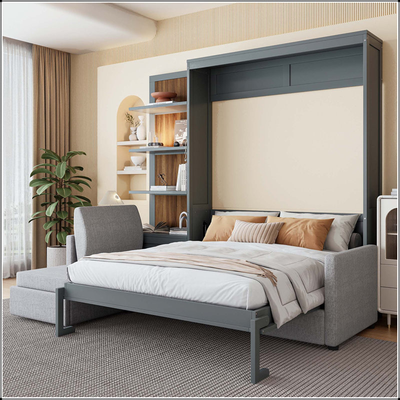 Grand lit escamotable avec canapé et tablettes, Gris