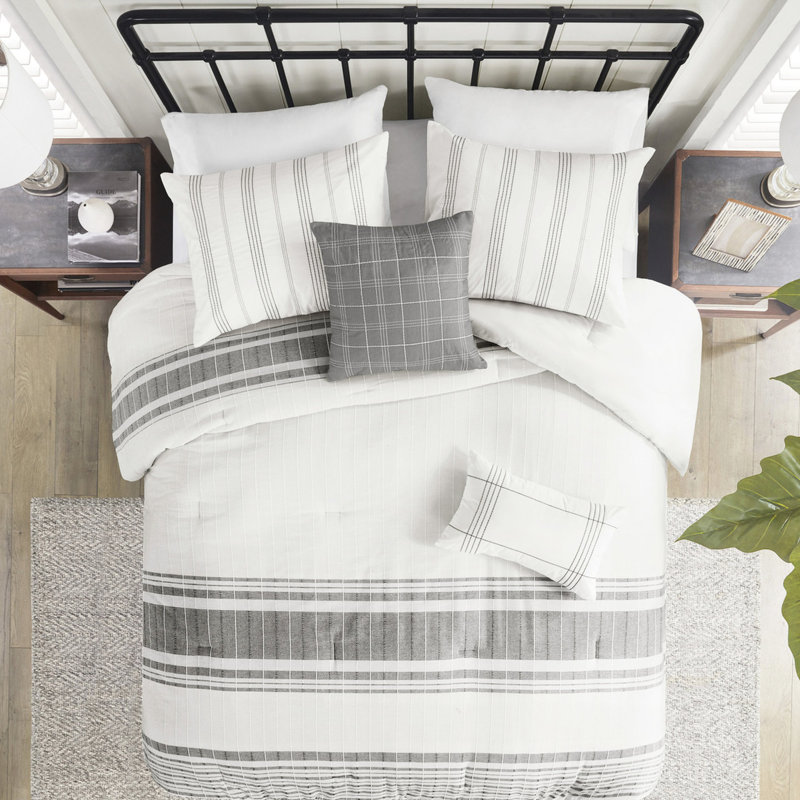 Ensemble de chambre pour grand lit en coton - gris / blanc, Bartacks visibles, édredon 100% lavable à la machine pour le tissage, vapeur