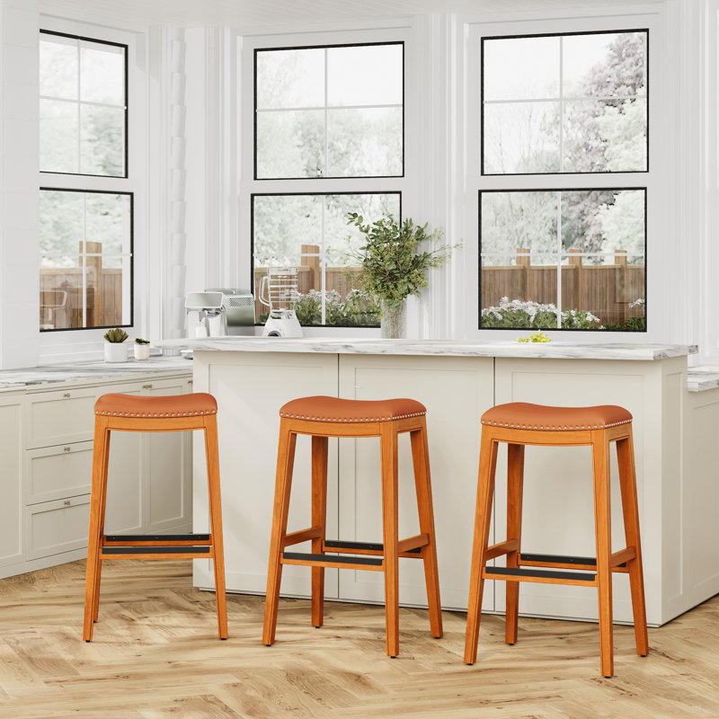 Tabouret 30 ", finition naturelle, siège en cuir, Siège de selle / cadre naturel
