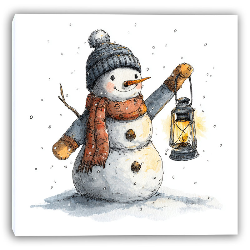 Lanterne, bonhomme de neige sur toile tendue, art mural, H 30 po x l 30 po