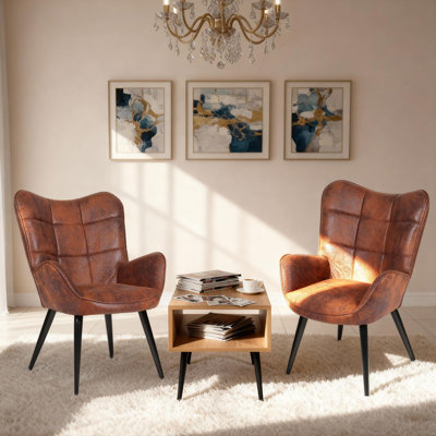 Méridienne confortable à oreilles - Chaise de salle à manger rembourrée en similicuir de style Mid-Century avec dossier, pieds en métal robustes pour le salon, la cuisine et le restaurant - brun doux