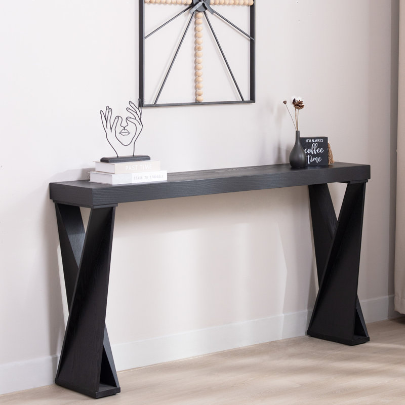 Console moderne - table d'entrée étroite 58,3 po, canapé en bois manufacturé noir avec pieds croisés pour le couloir, le salon ou le bureau