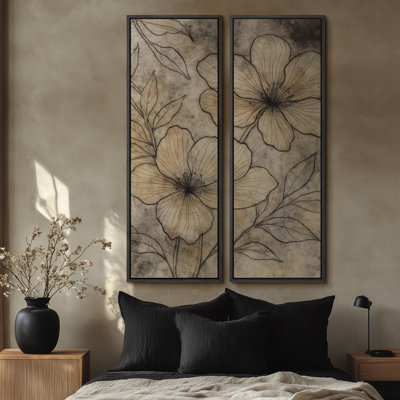 Vintage Botanical Floral Sketch Art for Living Room - Set of 2 Framed Wall Art Print on Canvas 60"x20"x2pcs, 60"x30"x2pcs