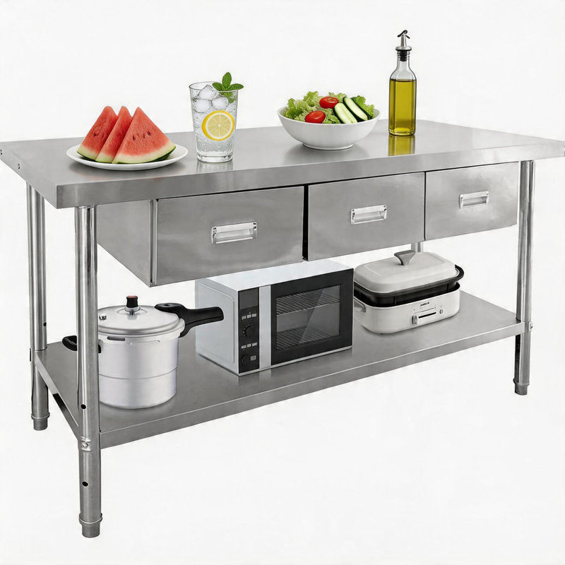 Table en acier inoxydable avec tiroirs, tables de travail commerciales avec tablette réglable et 3 tiroirs, table de préparation de cuisine en métal.