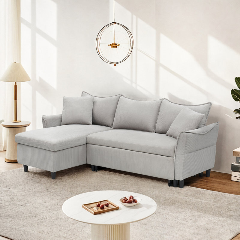 Le canapé convertible en L de 80 pouces est livré avec deux coussins décoratifs, Tissu gris