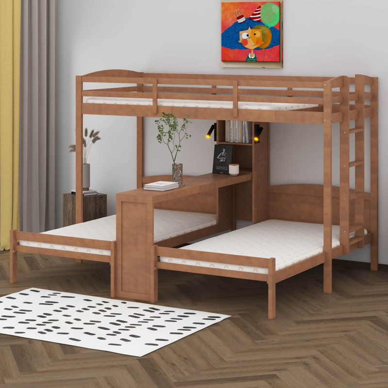 Lit superposé simple au-dessus de simple et simple avec bureau et tablettes de rangement, cadre de lit superposé triple en bois peu encombrant avec éclairage DEL