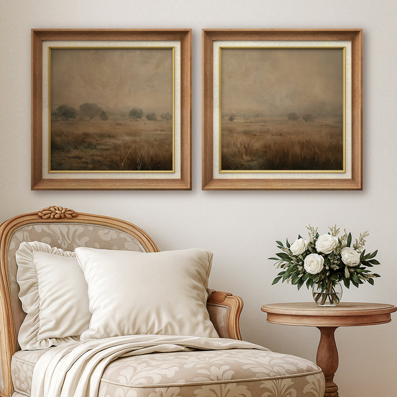 «Calm Misty Meadow Trees and Prairie Landscape Neutral Wall Art», encadré 2 pièces, reproduction d'art, Natural Gallery Frame