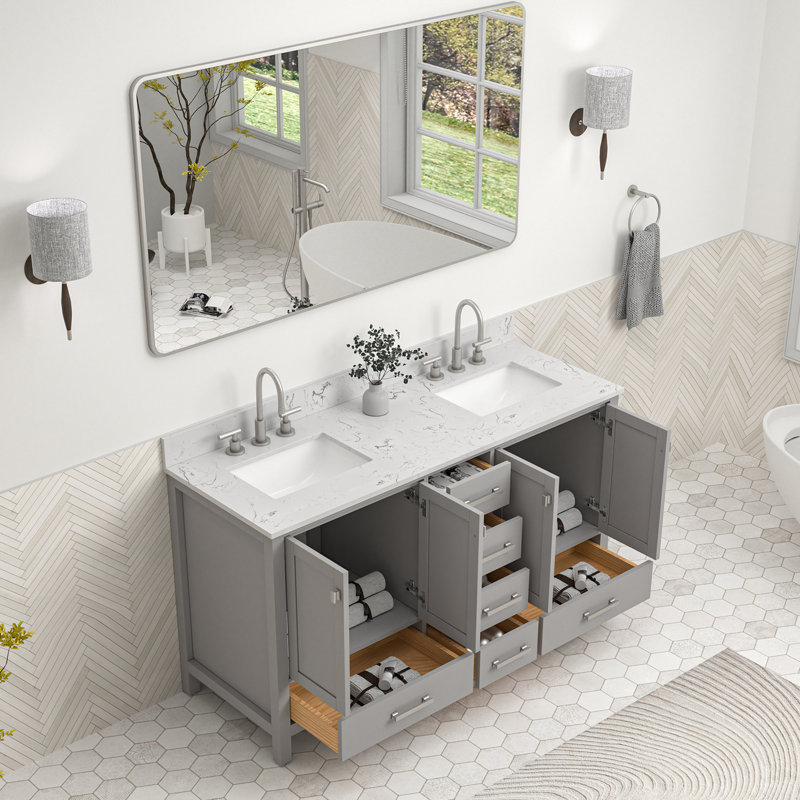 Meuble-lavabo autoportant 60 po avec lavabo double 60 po, Gris / Nickel brossé