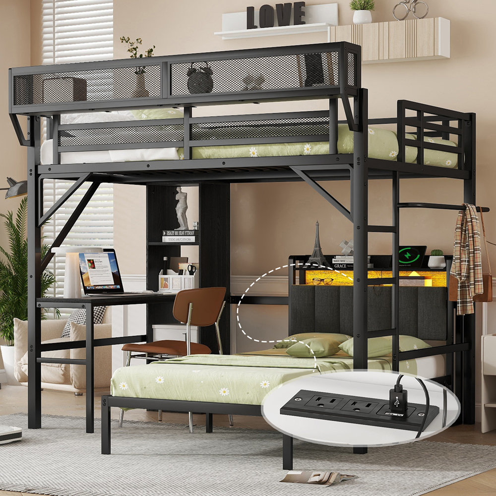 17 Stories Metal Bunk Bed with Desk and Bookshelves, Detachable Metal ...