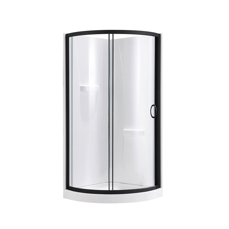 Ensemble de douche d'angle arrondi Breeze 89 cm L x 89 cm l x 196 cm H, fini nickel satiné, porte coulissante transparente, parois et receveur