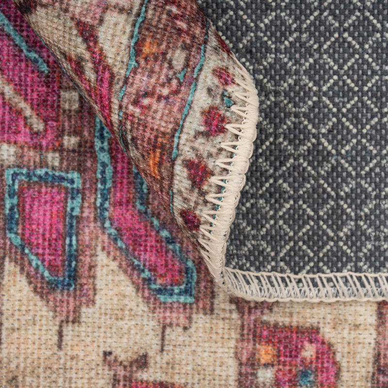 Machine Washable Teal Pink Contemporary Maximalist Distressed Living Room Area Rug, Rectangle 60 x 110cm