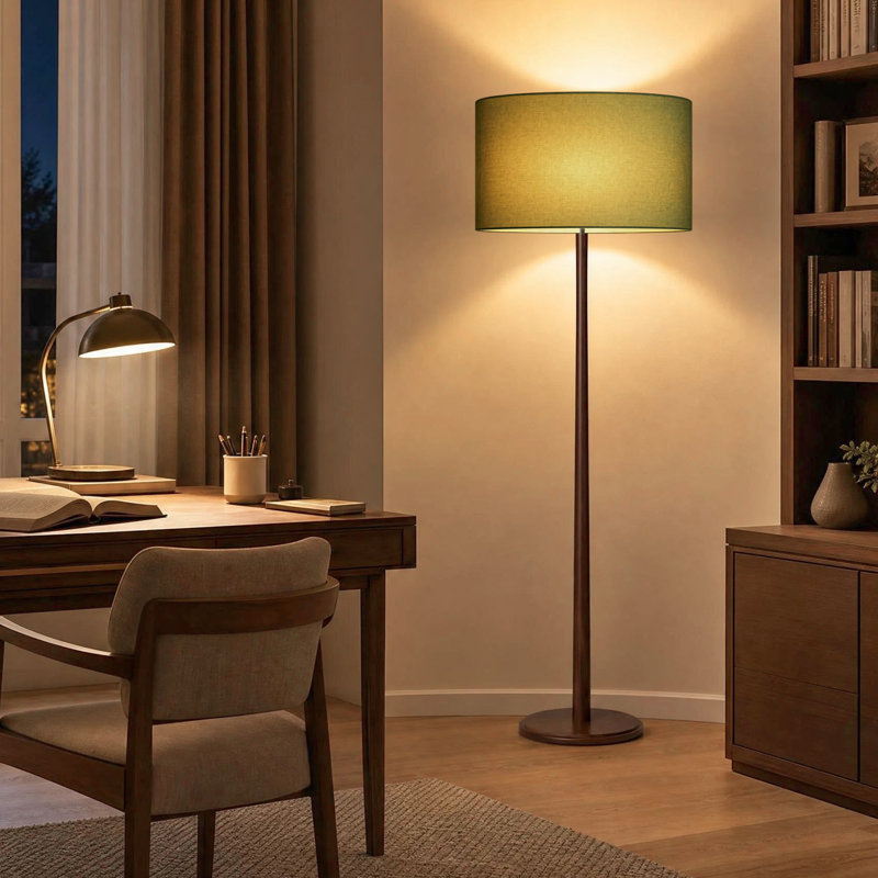Lampadaire moderne de 155 cm en bois massif naturel avec abat-jour cylindrique en lin vert, certifié cULus, idéal pour le salon, la chambre, le bureau ou la salle d'étude.