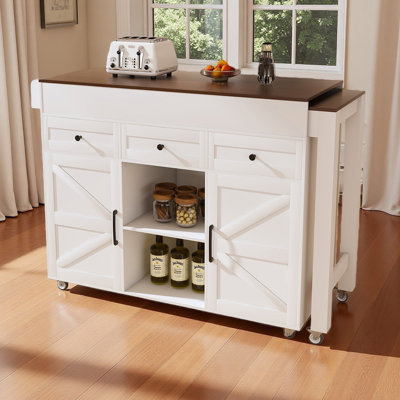 74.8" Kitchen Island With Extendable Dining Table & Power Outlet - Rolling Storage Cart On Wheels With 3 Drawers & 2 Door Cabinet For Dining Room