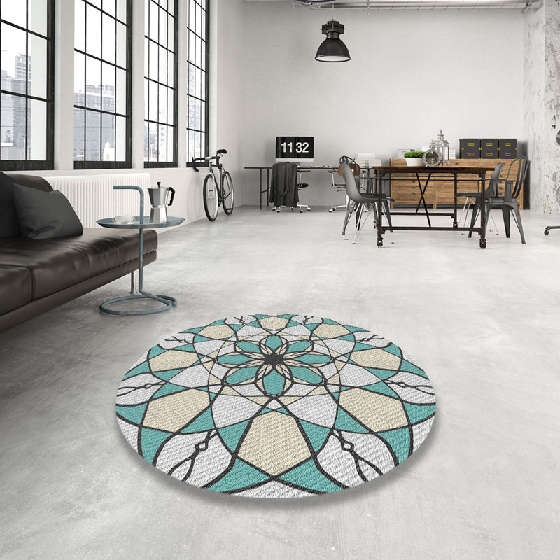 Tapis blanc cassé/vert mer, Rond 5 pi