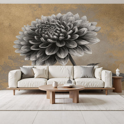 Boho Peel and Stick Wallpaper Peaceful Black White Flower Design Textured Golden Wall Murals 69"H x 96"W Removable PVC Wall Paper Self-Adhesive Botanical Wall Decor for Bedroom Living Room