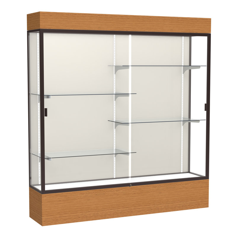 Vitrine lumineuse en placage de bois H 80 "x l 71" Reliant Series, Chêne Carmel, Bronze foncé, Plaque de tissu