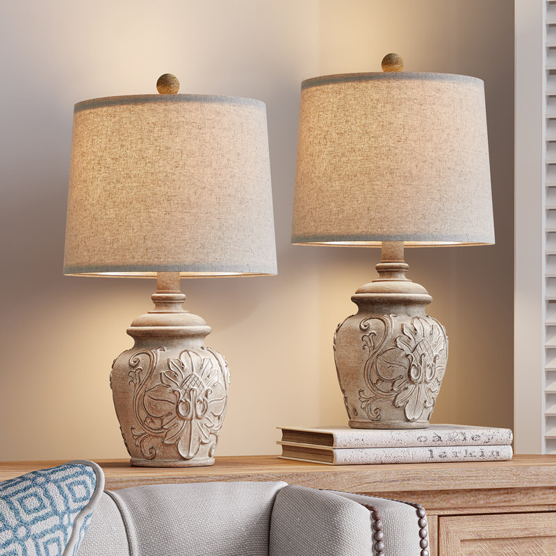 Dolans 18.75＂light brown retro country carved floral living room bedroom bedside lamp
