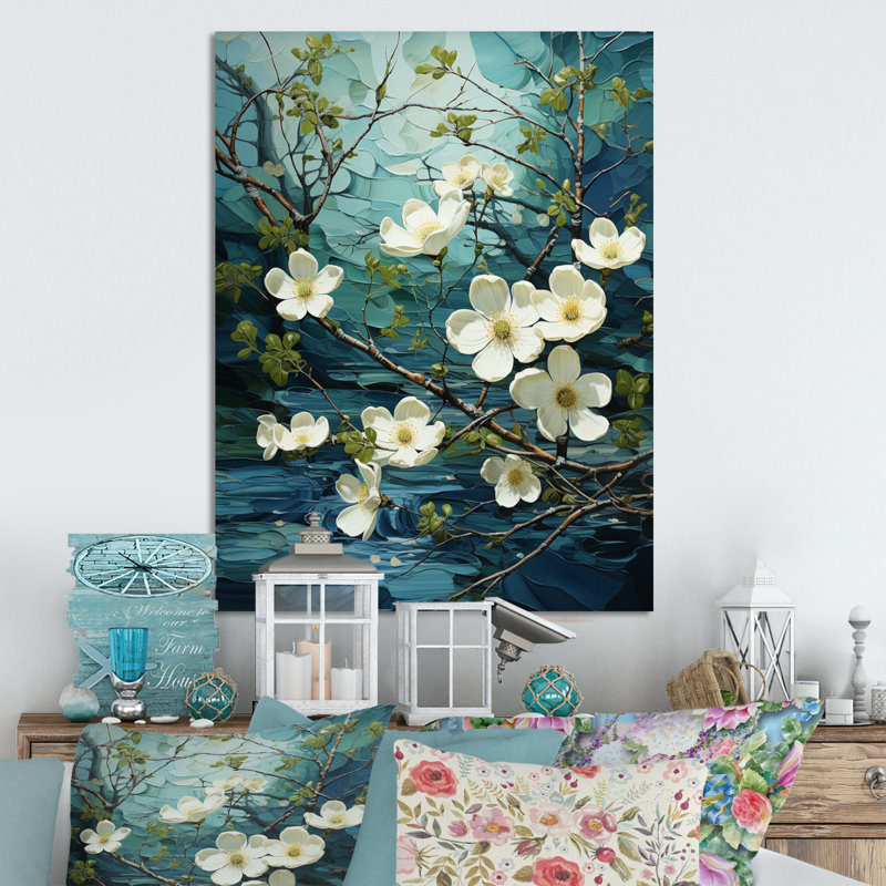 Délice de cornouiller blanc sarcelle - décoration murale florale et botanique en métal, H 20 po x l 12 po x P 1 po