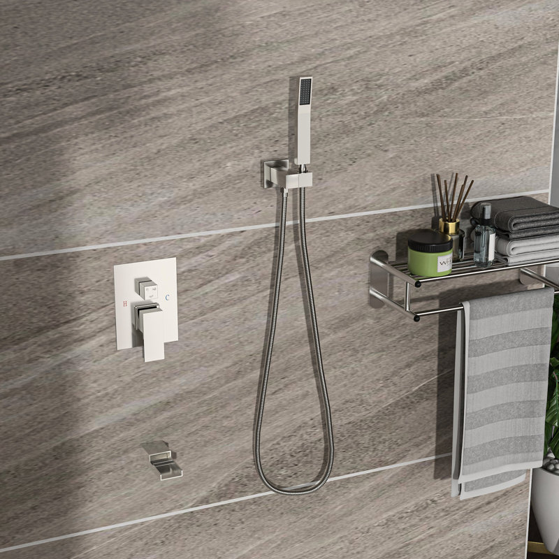 Brushed Nickel Shower Unit With Waterfall Tub Spout - 10 Inch Wall Mounted Square, 3 Function, Overhead Rain Shower, Handheld, Kit System Square In Nickel, Head, Part