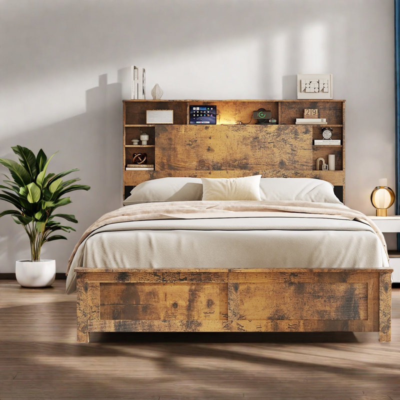 Lit moderne en bois gain d'espace avec rangement, éclairage DEL et port USB, confort à la maison