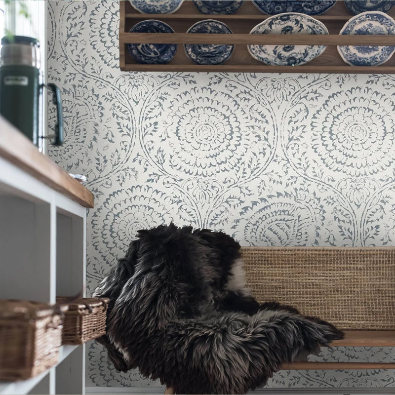 Shabby Chic White And Blue Damask Floral Wallpaper