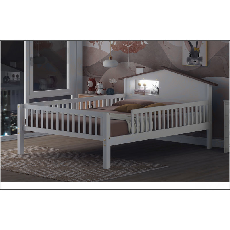 Lit plateforme simple en bois avec tête de lit en forme de maison, éclairage à DEL et rangement intégré, blanc, Simple, Blanc