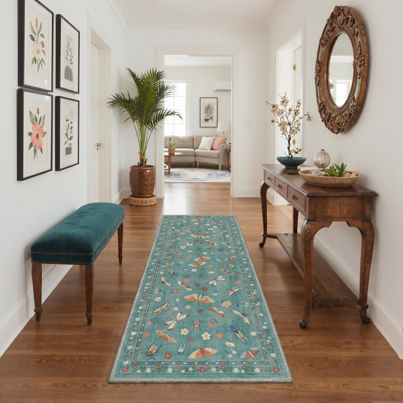 Butterfly Botanical Insect Blue Machine Washable Non Slip Runner Rug for Kitchen Hallway, Runner 2' x 6'