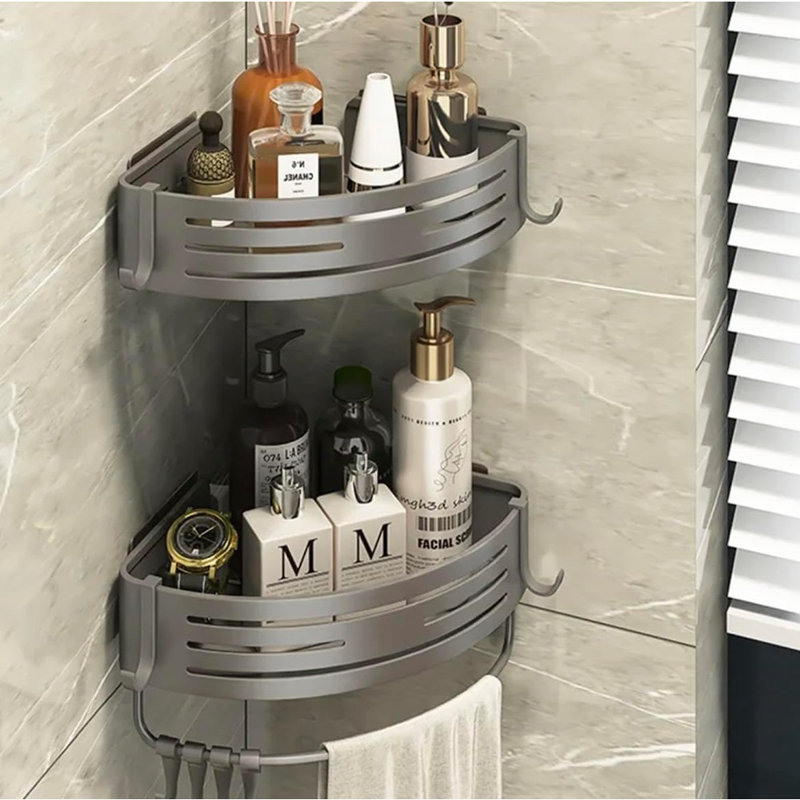Serviteur de douche à double coin - Argent - Organisateur de tablette de douche adhésif triangulaire, rangement antirouille pour salle de bain