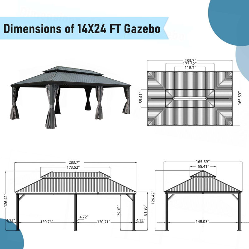 Hardtop Gazebo, Outdoor Gazebo with Galvanized Steel Double Roof, Aluminum Frame, Built-in Gutter System, Curtain and Netting, Metal Gazebo Pavilion for Patio Deck Garden