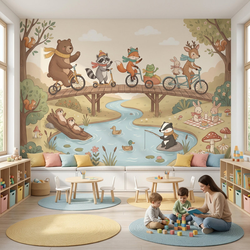 Papier peint ciel nuageux avec animaux de la rivière, 120"x96", Peler et coller