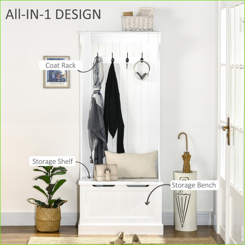 Arbre d'entrée avec portemanteau, banc de rangement et amp; Range-chaussures | Blanc | Panneau de fibres à densité moyenne
