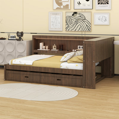 Lit de jour en bois avec tablettes de rangement, USB, DEL et lit gigogne