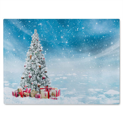 Beautiful Decorated Snowed In Christmas Tree Dining Glass Chopping Board