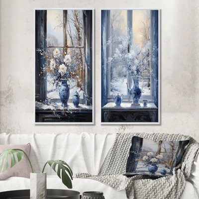 «White Winter Blue Window Still Life II - Winter Landscape», ensemble de 2 reproductions d'art sur toile