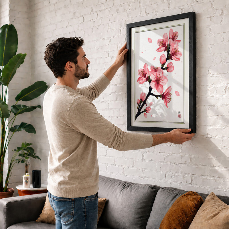 Moonlit Cherry Blossom Japandi - Framed Print, A4 - 29.7 x 21.0 cm, Black