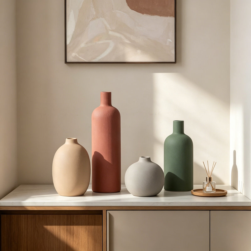 Ensemble de 4 vases modernes en céramique, vases décoratifs aux tons neutres pour décor de maison, style minimaliste campagnard et vases de fleurs de style bohème pour centre de table de cheminée