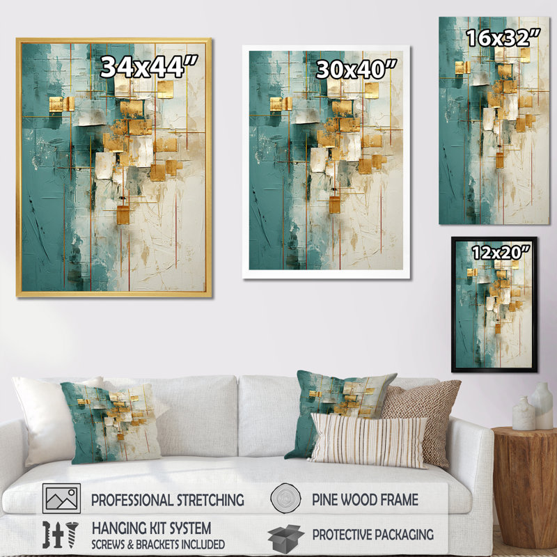 «California Sunshine Retro Abstract Gold Teal», reproduction d'art sur toile, H 20 po x l 12 po x P 1 po, Cadre flottant brun