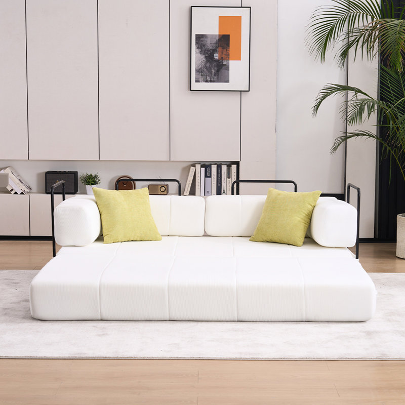 78.5" Fold Out Couch, Folding Bed With Foam Spring Floor Mattress And 2 Pillows, Futon For Living Room, Beige Corduroy 3 - Seater, No Assembly Needed Convertible 78.5", Pillows Mattress, Office