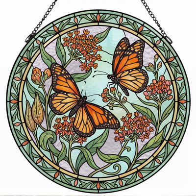Monarch Butterfly Stained Glass Window Panel，12"H