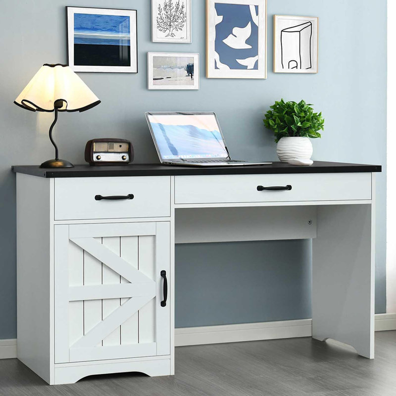 Bureau d'ordinateur Farmhouse avec 2 tiroirs et armoire - pour petits espaces / chambre à coucher, Noir / blanc